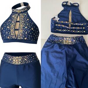 Glamour solo dance costume 2 piece navy blue embellished pants top SA-Small adul